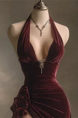 Dazzling V-Neck Sleeveless Velvet Evening Dresses Side Split With Pleats