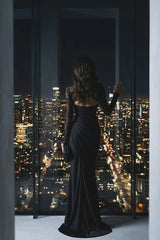 Elegant Black Long Sleeves Satin Lace Mermaid Evening Dresses Sheath With Pleats
