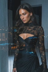 Elegant Black Long Sleeves Satin Lace Mermaid Evening Dresses Sheath With Pleats