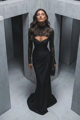 Elegant Black Long Sleeves Satin Lace Mermaid Evening Dresses Sheath With Pleats