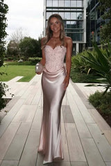Graceful Dusty Pink Sweetheart Strapless Sleeveless Satin Evening Dresses Column With Lace-Up Back
