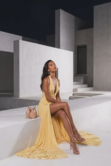 Chic Daffodil Halter V-Neck Sleeveless Mermaid Evening Dresses Backless High Split With Zipper