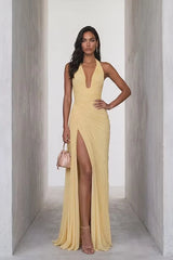 Chic Daffodil Halter V-Neck Sleeveless Mermaid Evening Dresses Backless High Split With Zipper