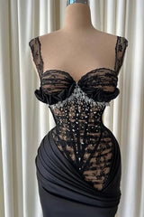 Romantic Black Straps Sweetheart Sleeveless Mermaid Lace Satin Evening Dresses Pearls With Pleats