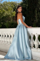 Glamorous Sky Blue Strapless Sleeveless Satin A-Line Evening Dresses Floor Length With Lace-Up Back