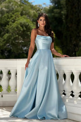 Glamorous Sky Blue Strapless Sleeveless Satin A-Line Evening Dresses Floor Length With Lace-Up Back