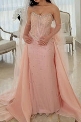 Dazzling Dusty Rose Strapless Sleeveless Mermaid Evening Dresses Gem Sheath With Lace-Up Back