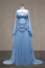 Timeless Blue Long Sleeves Chiffon Evening Dresses Floor Length With Beading Pleats