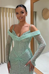 Elegant Mint Green Long Sleeves Spaghetti-Straps Mermaid Evening Dresses Column With Pleats