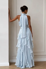Timeless Dusty Blue Halter Sleeveless Chiffon Evening Dresses Floor Length With Pleats