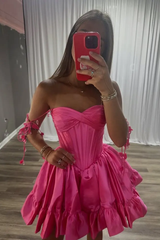 Dazzling Fuchsia Sweetheart Straps Sleeveless Satin Homecoming Dresses Mini With Pleats