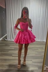 Dazzling Fuchsia Sweetheart Straps Sleeveless Satin Homecoming Dresses Mini With Pleats