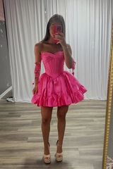 Dazzling Fuchsia Sweetheart Straps Sleeveless Satin Homecoming Dresses Mini With Pleats