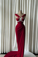 Graceful Burgundy Sleeveless Satin Mermaid Evening Dresses Sheath Pearls With Pleats
