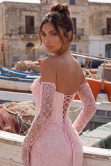 Glamorous Pink Strapless Sleeveless Lace Mermaid Evening Dresses Sheath With Lace-Up Back