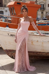 Glamorous Pink Strapless Sleeveless Lace Mermaid Evening Dresses Sheath With Lace-Up Back