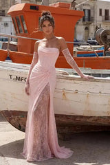 Glamorous Pink Strapless Sleeveless Lace Mermaid Evening Dresses Sheath With Lace-Up Back