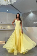 Charming Yellow Spaghetti-Straps Sleeveless Evening Dresses Floor Length With Pleats