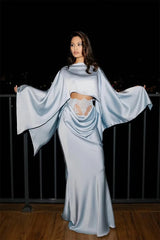 Luxurious Dusty Blue Satin Evening Dresses Mermaid Floor Length With Pleats
