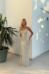 Dazzling Silver Strapless Sleeveless Mermaid Evening Dresses Floor Length With Tassel