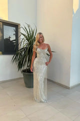 Dazzling Silver Strapless Sleeveless Mermaid Evening Dresses Floor Length With Tassel