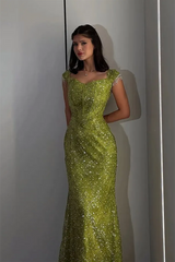 Chic Green Sweetheart Short Sleeves Mermaid Evening Dresses Floor Length With Lace-Up Back
