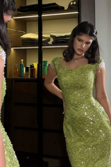 Chic Green Sweetheart Short Sleeves Mermaid Evening Dresses Floor Length With Lace-Up Back