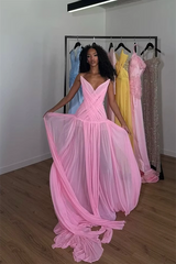 Charming Pink Strapless Sleeveless Chiffon Evening Dresses Gem Pleats With Lace-Up Back