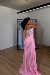 Charming Pink Strapless Sleeveless Chiffon Evening Dresses Gem Pleats With Lace-Up Back