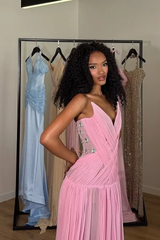 Charming Pink Strapless Sleeveless Chiffon Evening Dresses Gem Pleats With Lace-Up Back