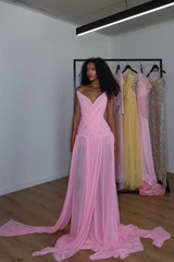 Charming Pink Strapless Sleeveless Chiffon Evening Dresses Gem Pleats With Lace-Up Back
