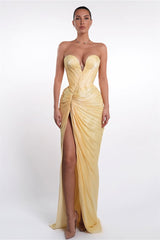 Elegant Sweetheart Strapless Sleeveless Mermaid Evening Dresses High Split With Pleats Zipper