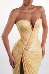 Elegant Sweetheart Strapless Sleeveless Mermaid Evening Dresses High Split With Pleats Zipper