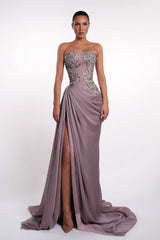 Glamorous Purple Strapless Sleeveless Mermaid Evening Dresses High Split With Lace-Up Back