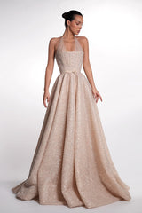 Dazzling Halter Sleeveless A-Line Evening Dresses Floor Length Beads With Lace-Up Back