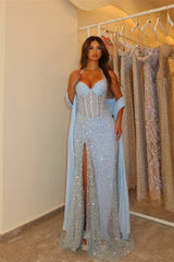 Dazzling Sky Blue Halter Sleeveless Sweetheart Mermaid Evening Dresses Sheath With High Split