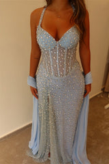 Dazzling Sky Blue Halter Sleeveless Sweetheart Mermaid Evening Dresses Sheath With High Split
