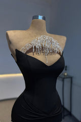Romantic Black Strapless Sleeveless Satin Mermaid Evening Dresses Column With Pleats
