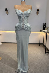 Luxurious Dusty Blue Sweetheart Strapless Sleeveless Mermaid Evening Dresses Floor Length With Pleats