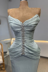 Luxurious Dusty Blue Sweetheart Strapless Sleeveless Mermaid Evening Dresses Floor Length With Pleats