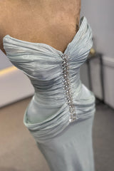 Luxurious Dusty Blue Sweetheart Strapless Sleeveless Mermaid Evening Dresses Floor Length With Pleats