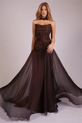 Glamorous Chocolate Strapless Sleeveless Chiffon Evening Dresses Floor Length With Zipper