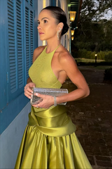 Timeless Dusty Sage Halter Sleeveless Satin Evening Dresses A-Line With Pleats