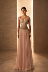 Timeless Dusty Rose Straps Sleeveless Chiffon Evening Dresses Floor Length With Pleats