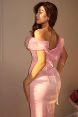 Chic Dusty Pink Off The Shoulder Satin Mermaid Evening Dresses Floor Length With Split