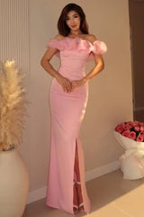 Chic Dusty Pink Off The Shoulder Satin Mermaid Evening Dresses Floor Length With Split