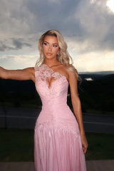 Luxurious Pink One Shoulder Sleeveless A-Line Evening Dresses Floor Length With Pleats