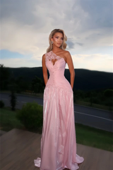 Luxurious Pink One Shoulder Sleeveless A-Line Evening Dresses Floor Length With Pleats
