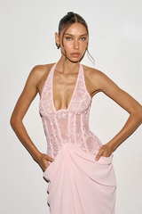 Glamorous Pink Halter Sleeveless Lace Mermaid Evening Dresses Floor Length With Pleats