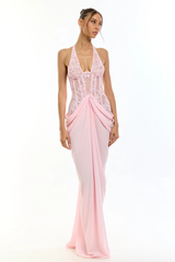 Glamorous Pink Halter Sleeveless Lace Mermaid Evening Dresses Floor Length With Pleats